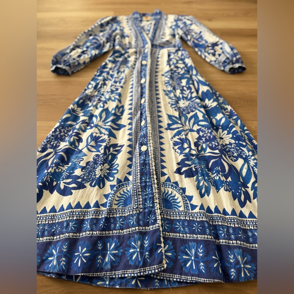 FRAM RIO BLUE LINEN TAPESTRY MAXI BLUE DRESS SMALL - Picture 5 of 8